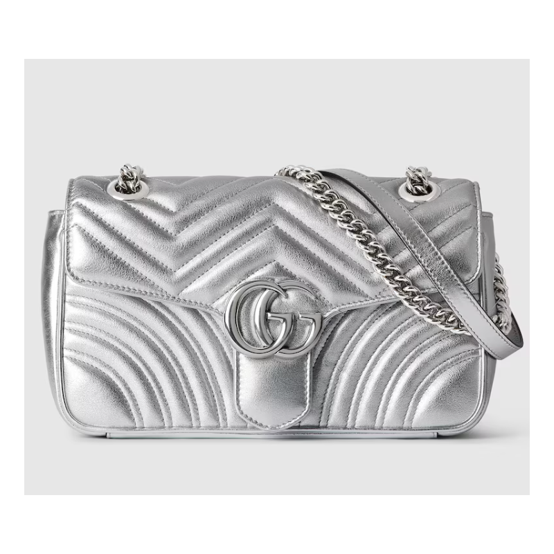 Gucci GG marmont Small Shoulder Bag- Metallic Silver leather 
