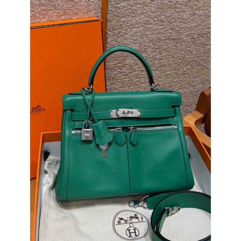 Hermes Kelly Lakis Pocket 28 / 32 in Swift Leather-Vert Vertigo